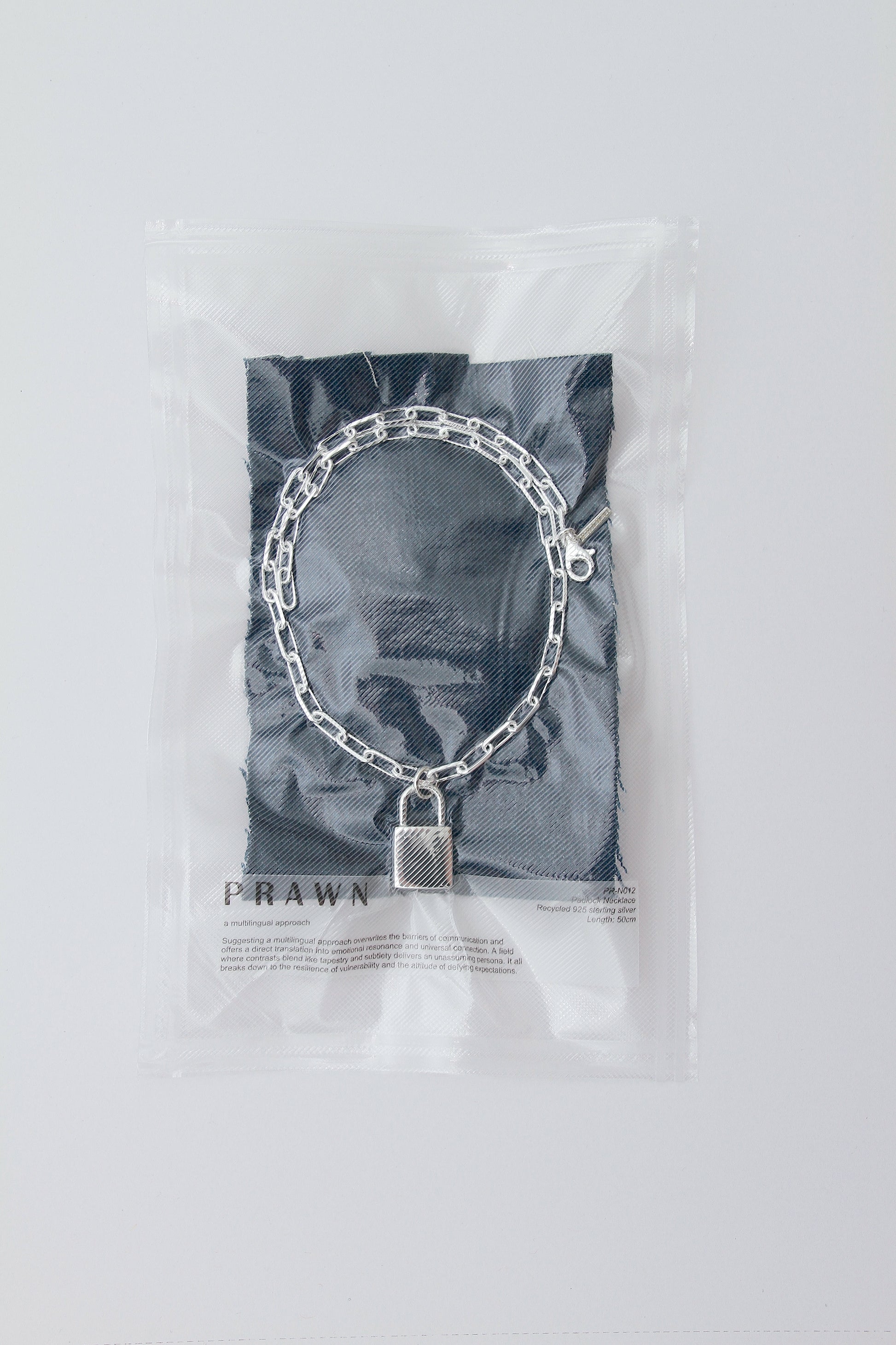 Padlock silver necklace in vacuum packaging.